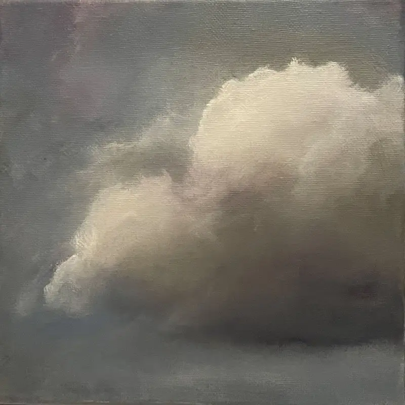 Das abstrakte Ölgemälde ‚Cloud-Study-No-1‘ zeigt eine plastische, weiße Wolkenformation vor einem atmosphärischen grauen Himmel.