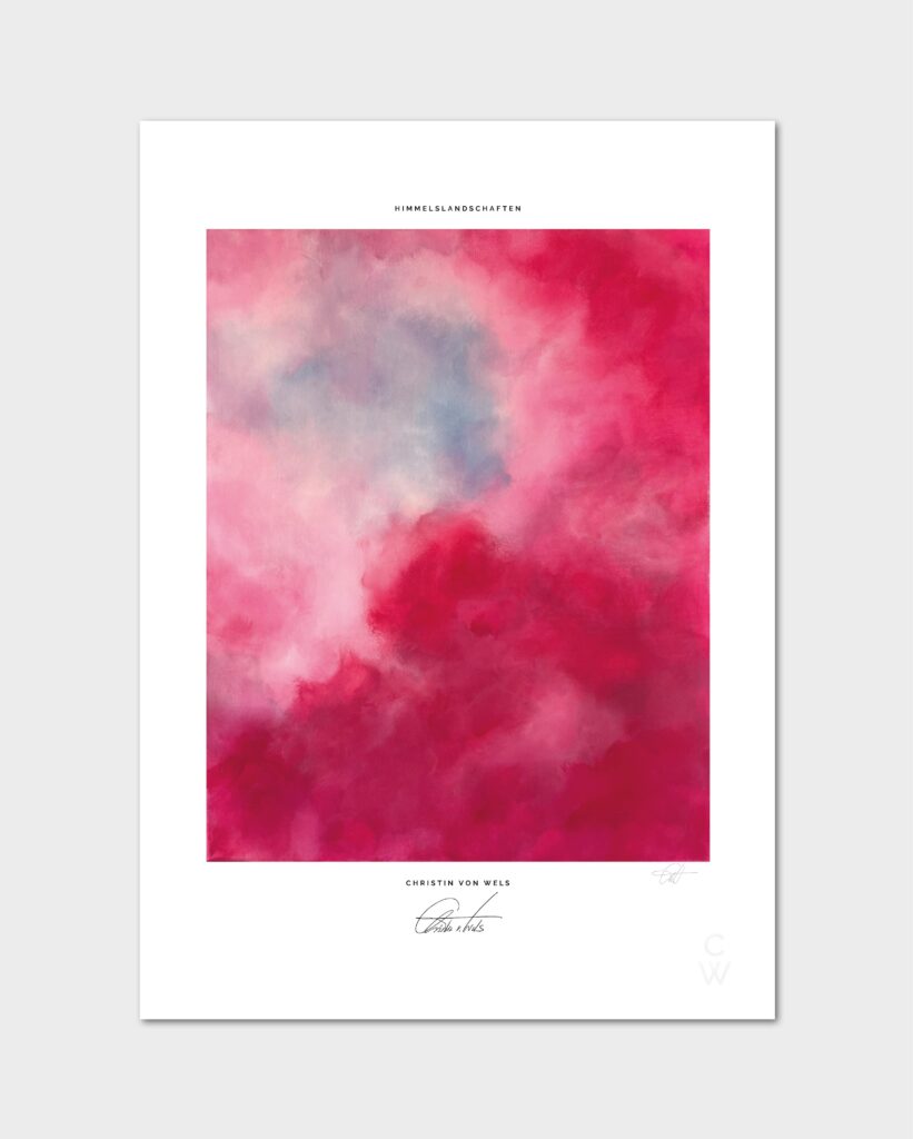 Ein Print in der Größe A4 mit dem rottonigen Wolkenmotiv 'Red Clouds' auf grauem Hintergrund.