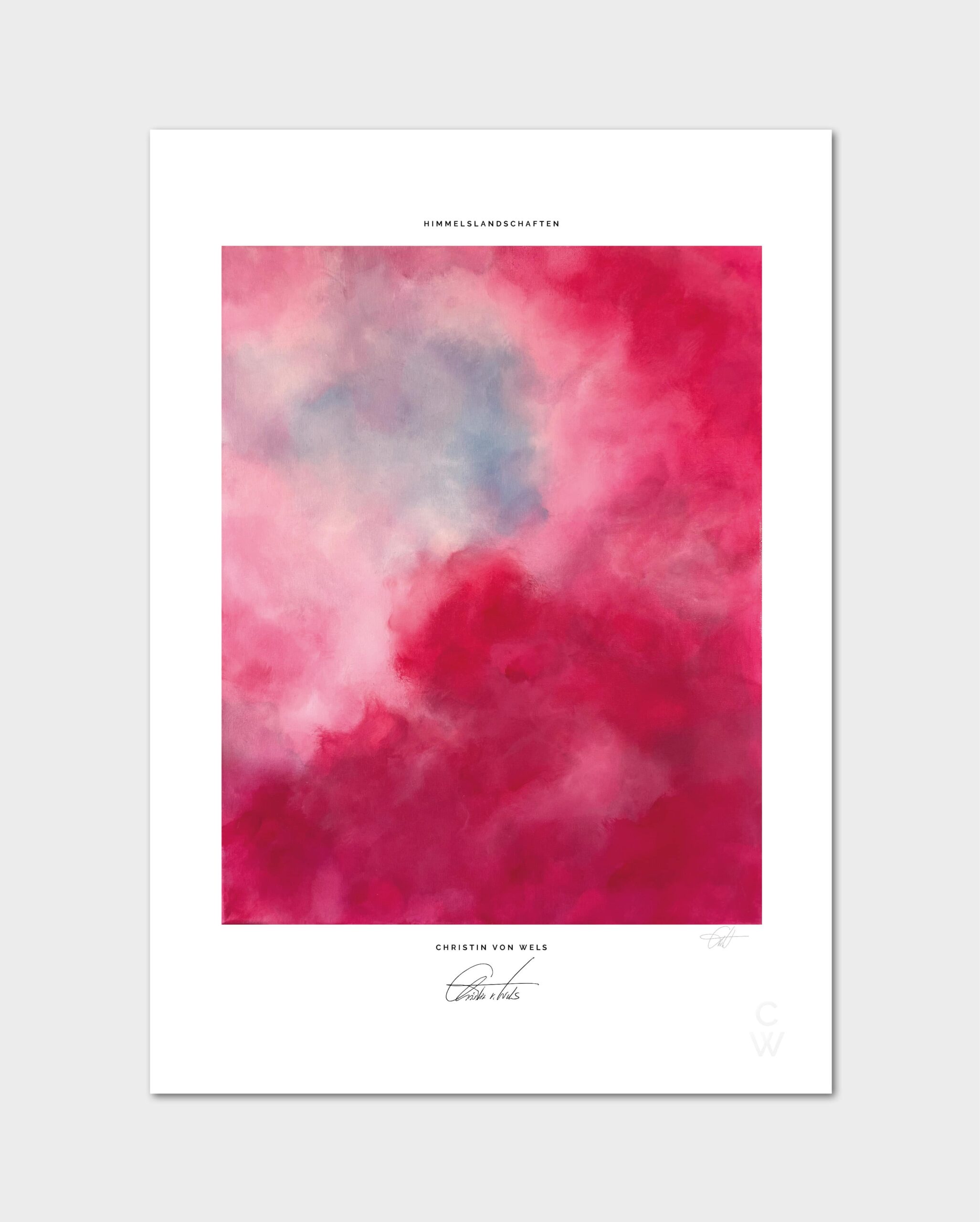 Ein Print in der Größe A4 mit dem rottonigen Wolkenmotiv 'Red Clouds' auf grauem Hintergrund.