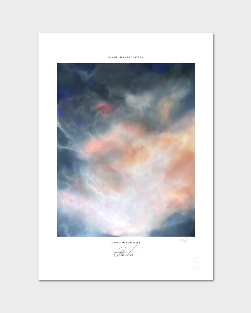 Ein Print in der Größe A4 mit dem dynamische Wolkenmotiv 'The Night Comes' in Blautönen und Rottönen auf grauem Hintergrund.